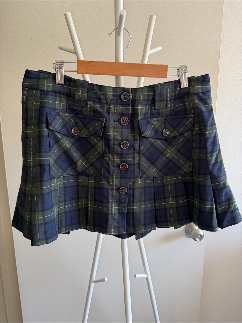 American Eagle Outfitters Navy & Green Plaid Button-Front Mini Skirt